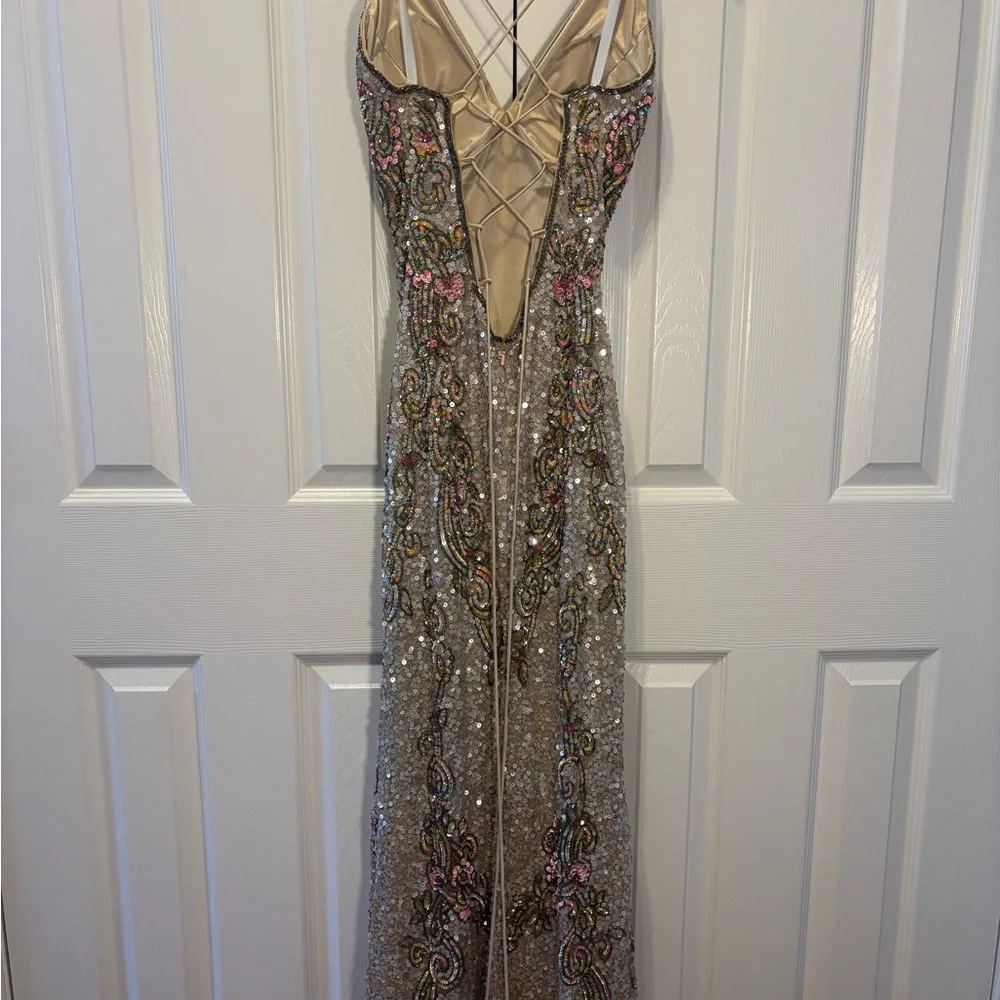 Primavera Couture Silver and Pink Sequin Gown - Picture 5 of 9